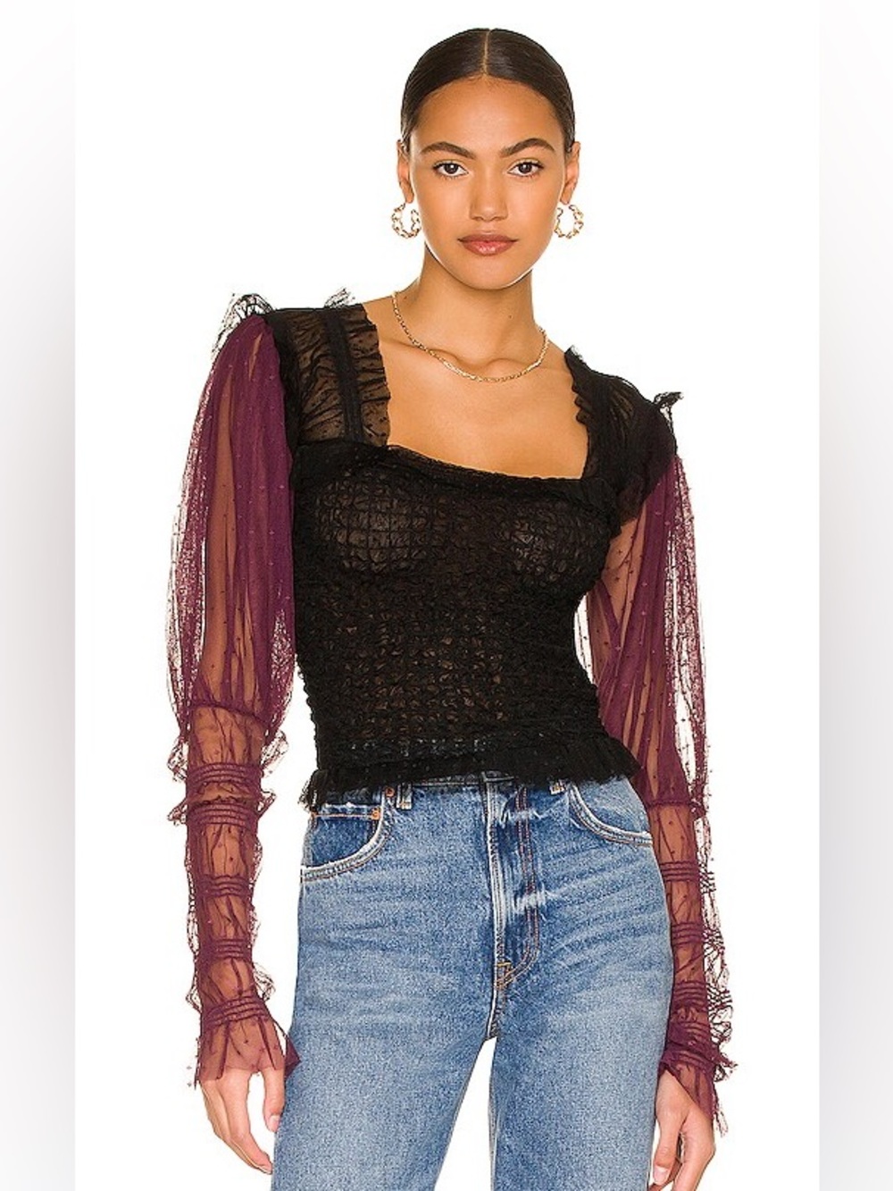 Free People Black Smocked Bodice Top with Plum Sheer Sleeves small